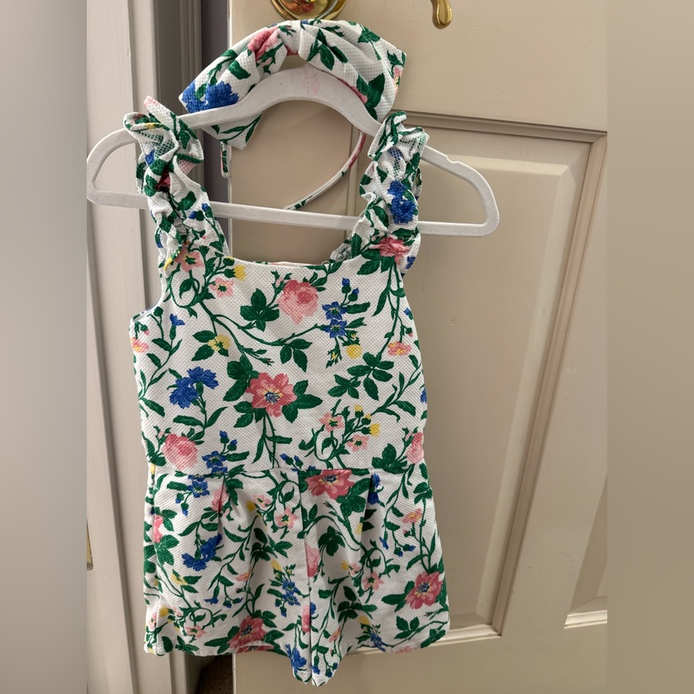 Janie and Jack Floral Romper with Headband - White, Pink, Green, Blue
